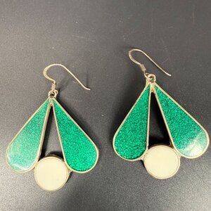 Alpaca Mexico Silver Crushed Turquoise White Enamel Fan Shaped Drop Earrings